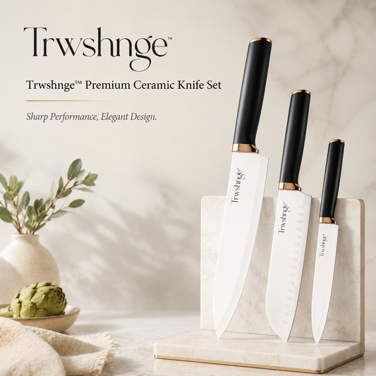 Trwshnge™ Ceramic Kitchen Knife Set - Lightweight Sharp Chef Knife, Paring Knife and Santoku Set